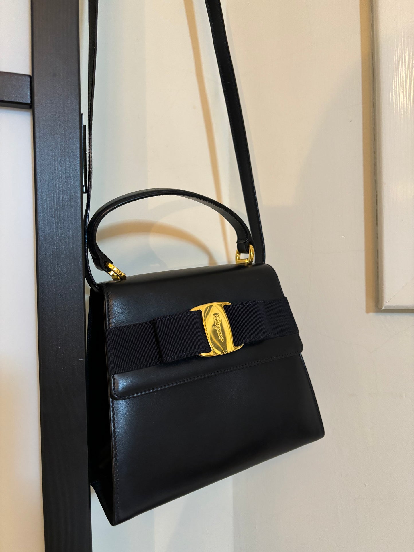 Salvatore Ferragamo Mini Kelly Top Handle in Black Smooth Leather