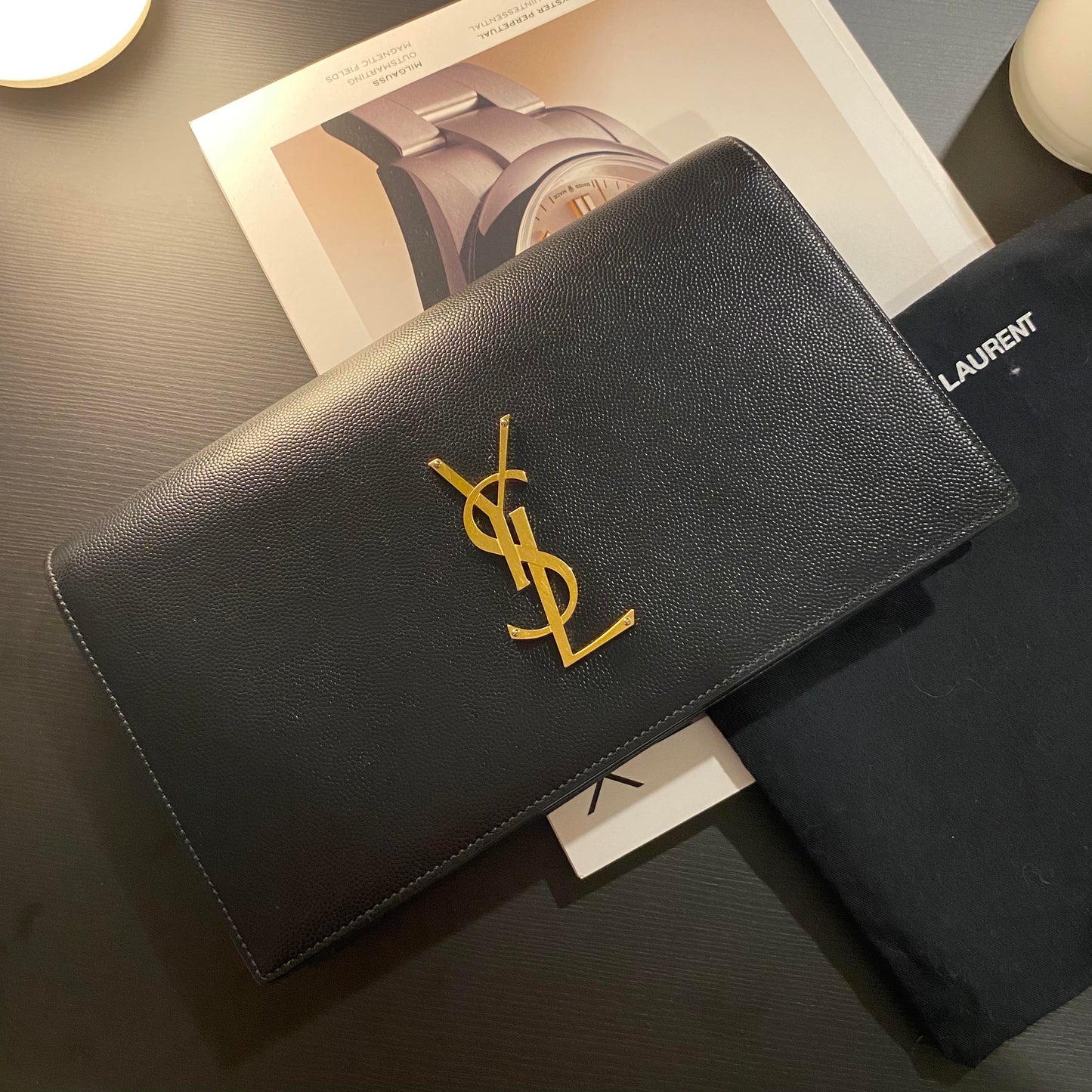 YSL Grained Leather Clutch with gold hardware