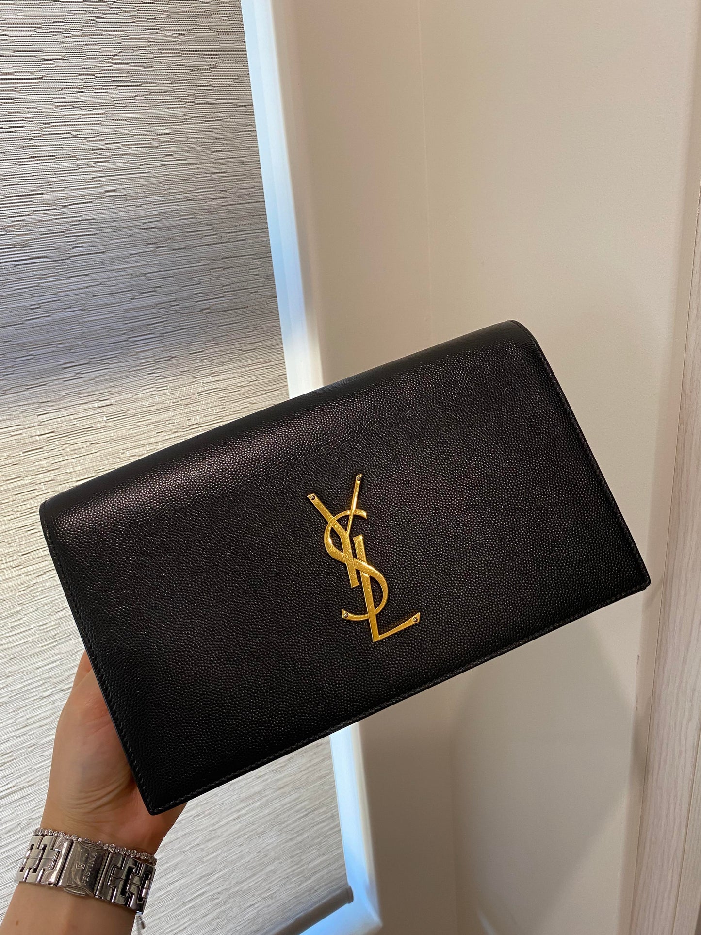 YSL Grained Leather Clutch with gold hardware