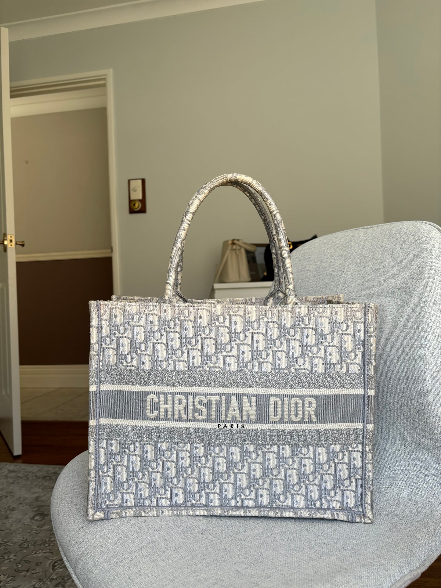 Christian Dior Medium Book Tote in Gradient Oblique Gray Ecru Trim