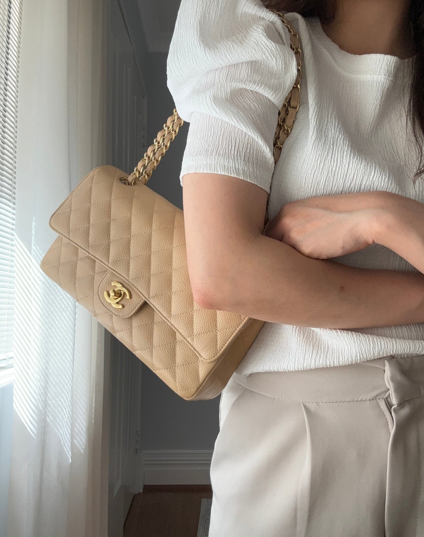 Chanel Medium Classic Flap in Caviar Beige Claire GHW